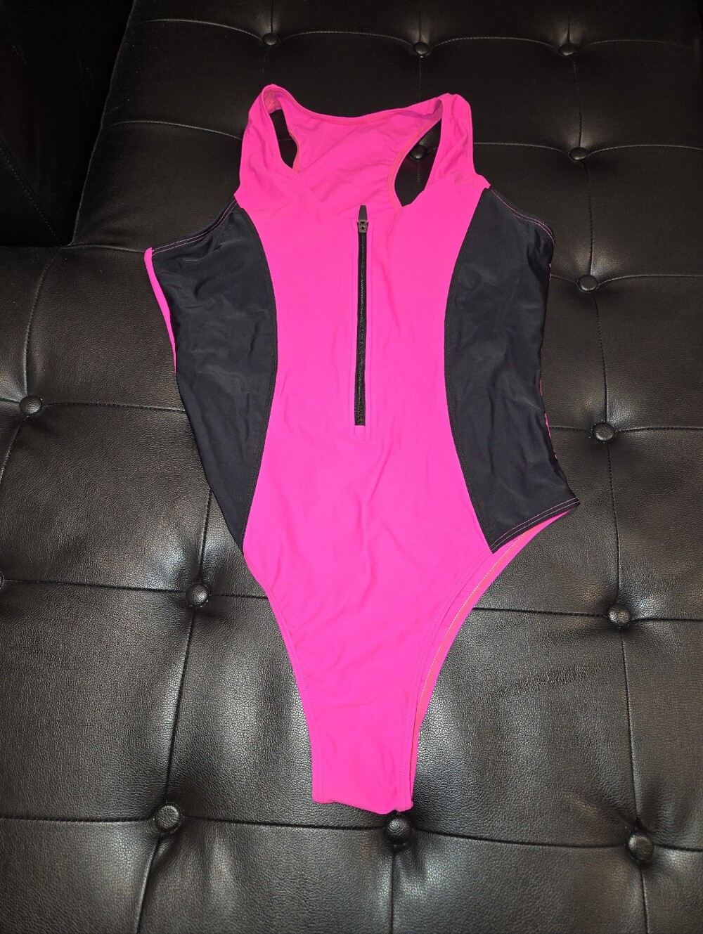 Fashion Nova Hot Pink and Black Zip Front One-Piece Swimsuit